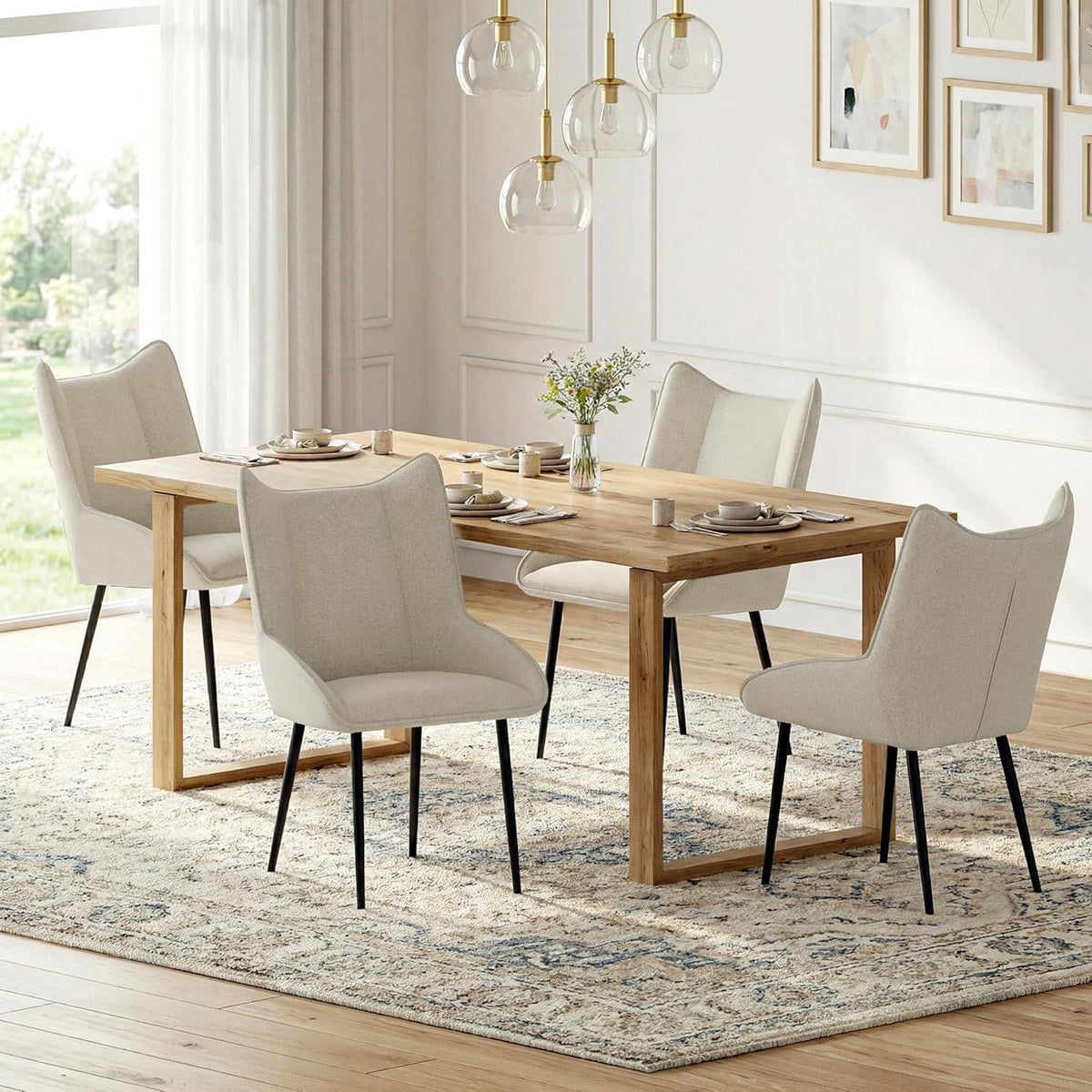 Moderner Esszimmerstuhl 2er Set Beige, Leinen-Polyester Mix