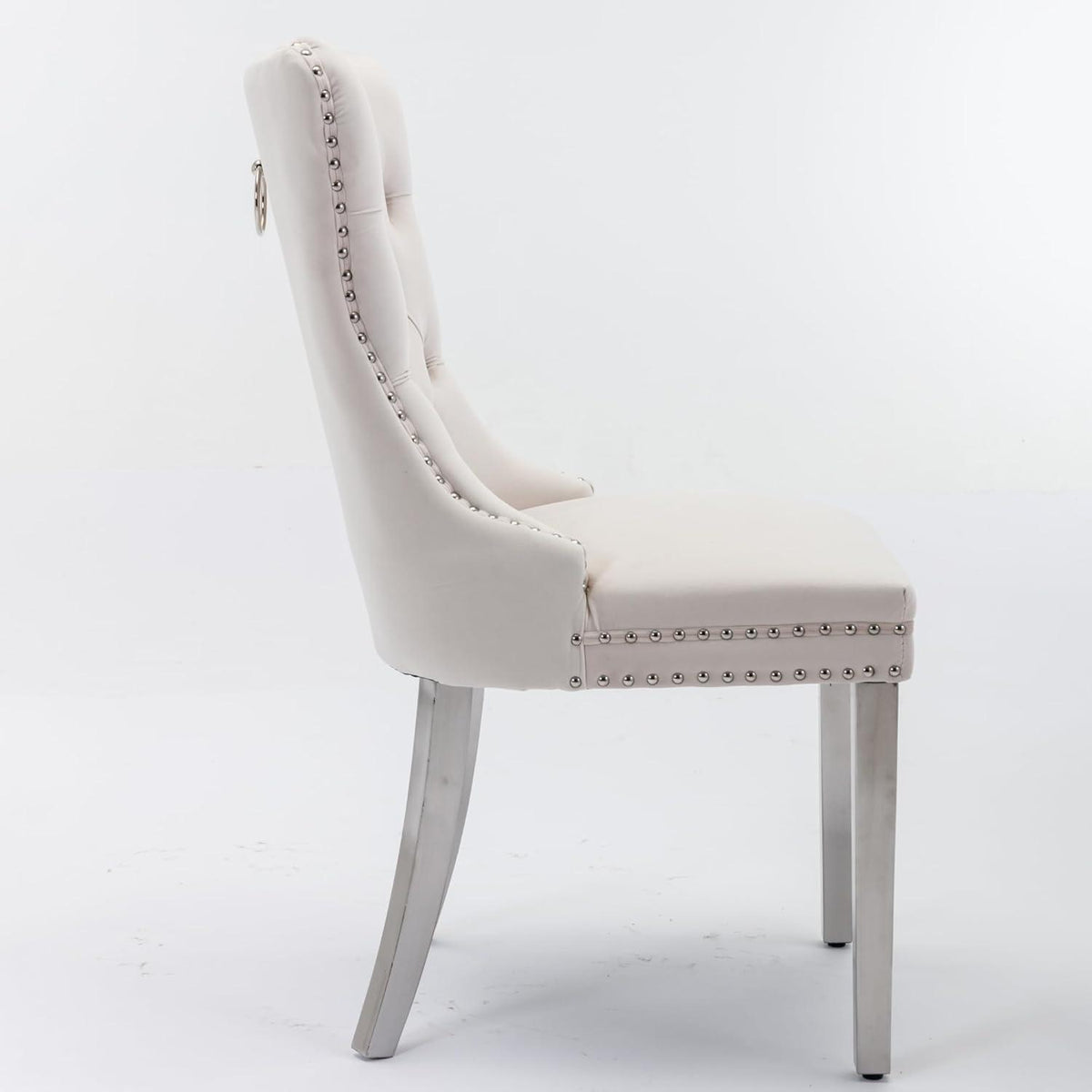 Esszimmerstühle Set 4er – Samt, Chrom & Nieten, Beige