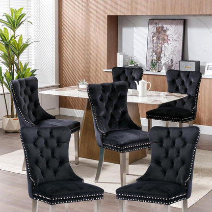 Esszimmerstühle 6er Set, Samt & Chrom, hohe Lehne Schwarz