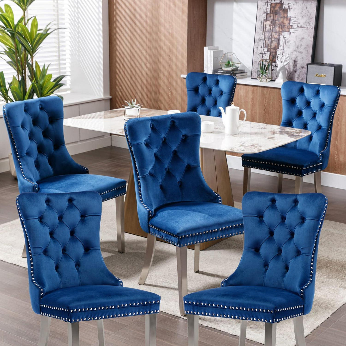 Esszimmerstühle 6er Set, Samt & Chrom, Blau