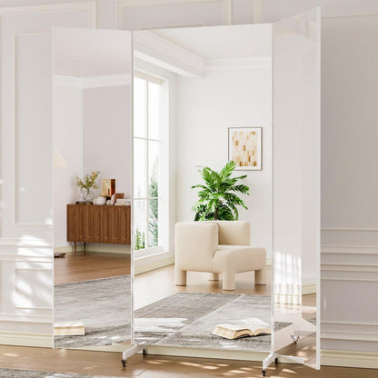 3-Fach Faltbarer Ganzkörperspiegel 180x210cm – Weiß, Standspiegel mit Rollen