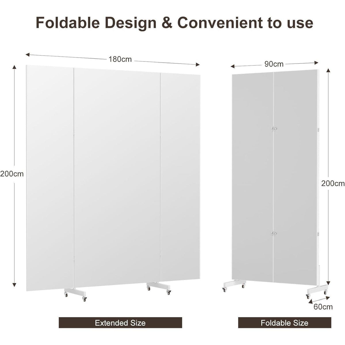 3-Fach Faltbarer Ganzkörperspiegel 180x210cm – Weiß, Standspiegel mit Rollen