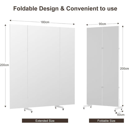 3-Fach Faltbarer Ganzkörperspiegel 180x210cm – Weiß, Standspiegel mit Rollen