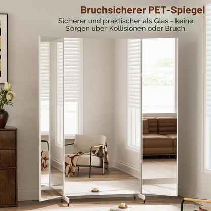 3-Fach Faltbarer Ganzkörperspiegel 200x210cm Schwarz mit Rollen
