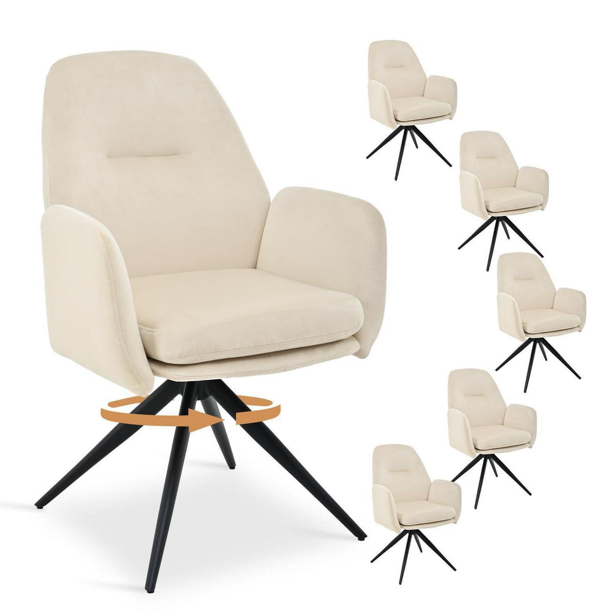 Drehstuhl Esszimmer 6er Set, Samt, Cremeweiß