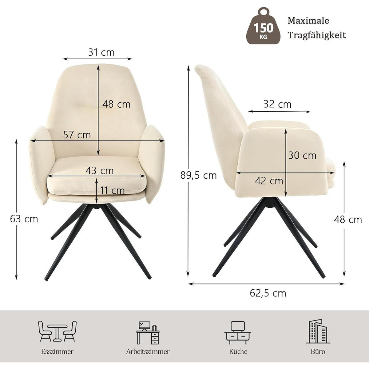 Drehstuhl Esszimmer 6er Set, Samt, Cremeweiß