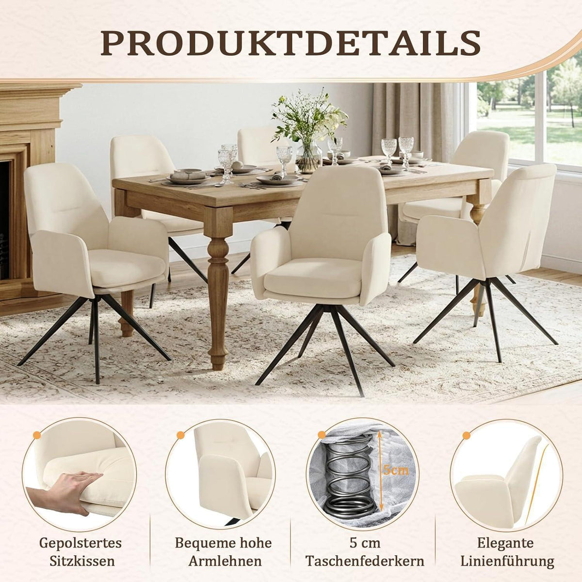 Drehstuhl Esszimmer 6er Set, Samt, Cremeweiß