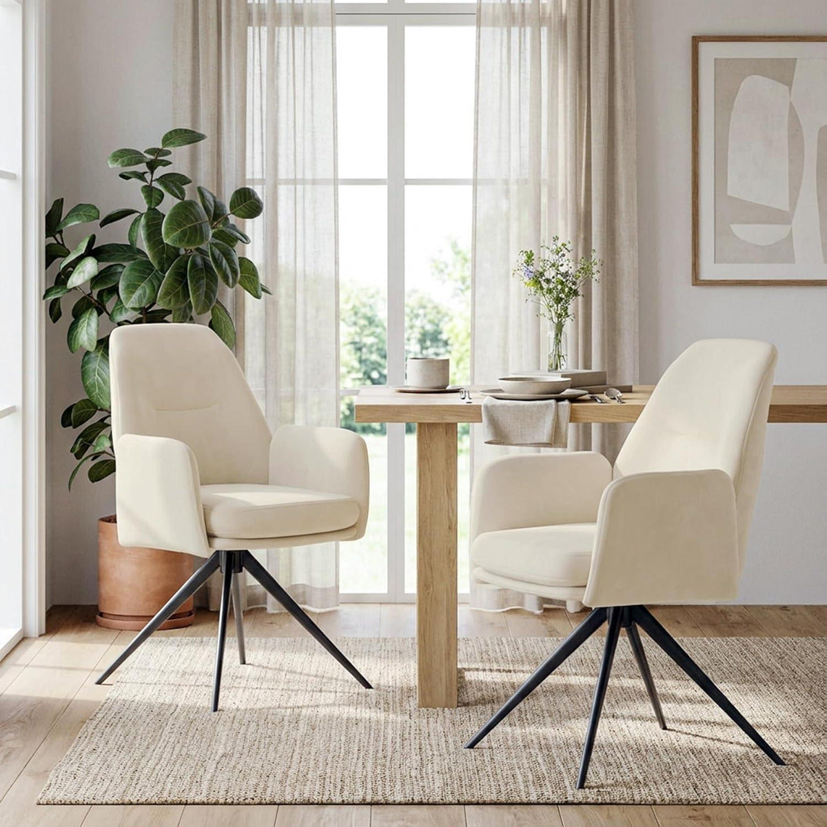 Drehstuhl Esszimmer 6er Set, Samt, Cremeweiß