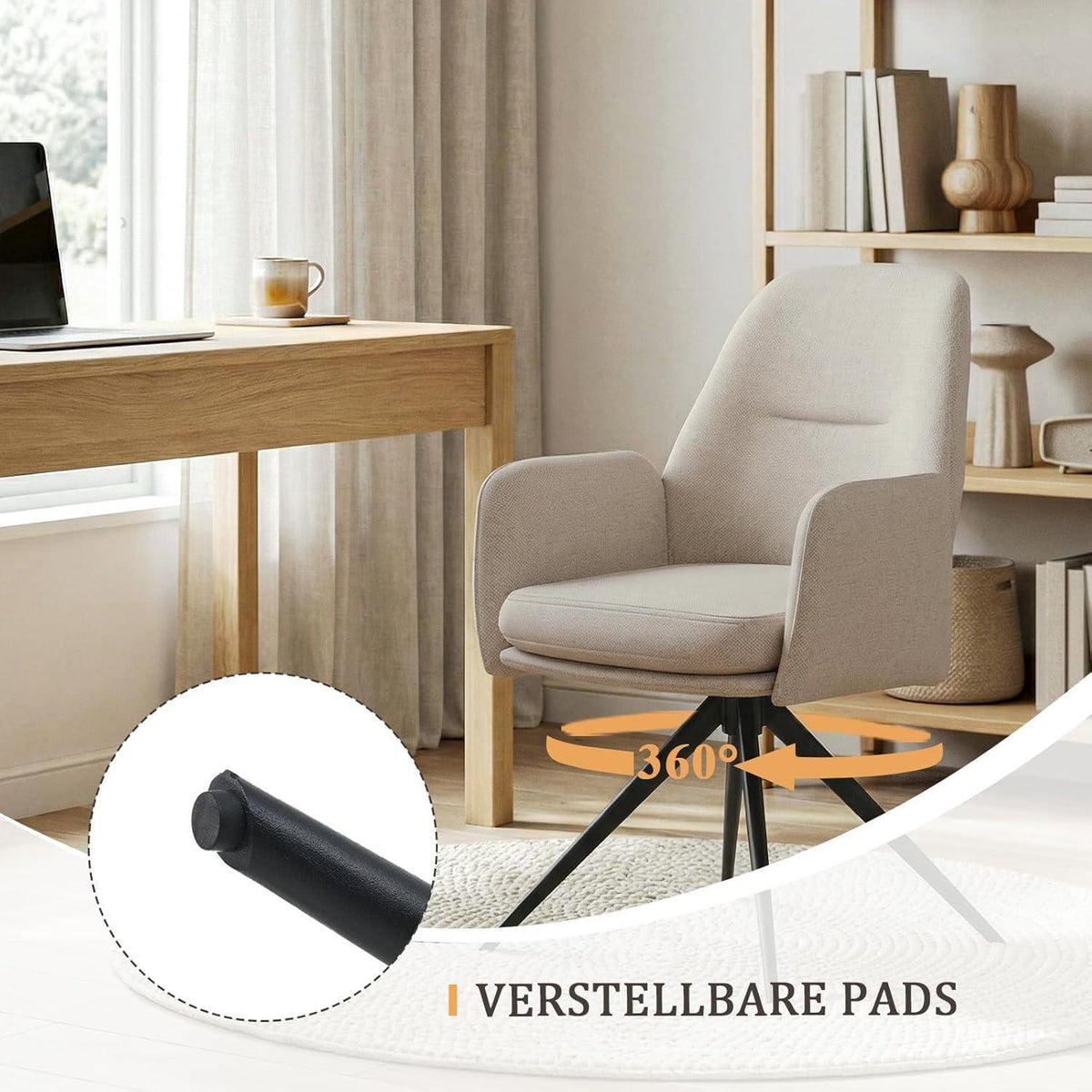 Drehbarer Esszimmerstuhl mit Armlehnen – Beige, 360° & Hochlehnig