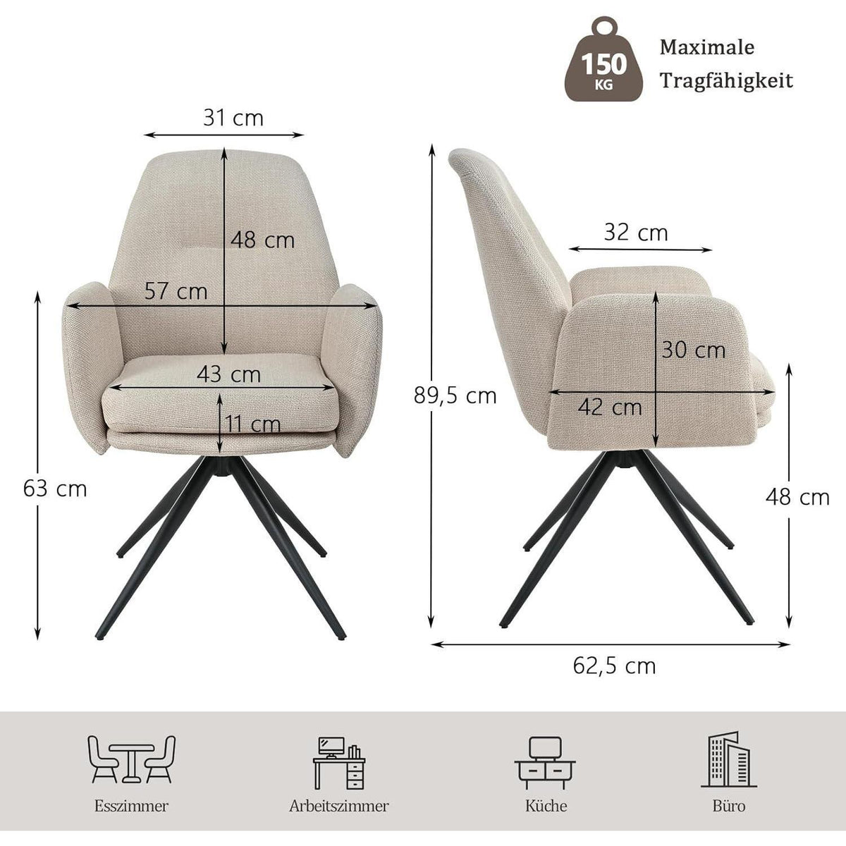 Drehbarer Esszimmerstuhl Set Beige – 6er Pack mit Armlehne