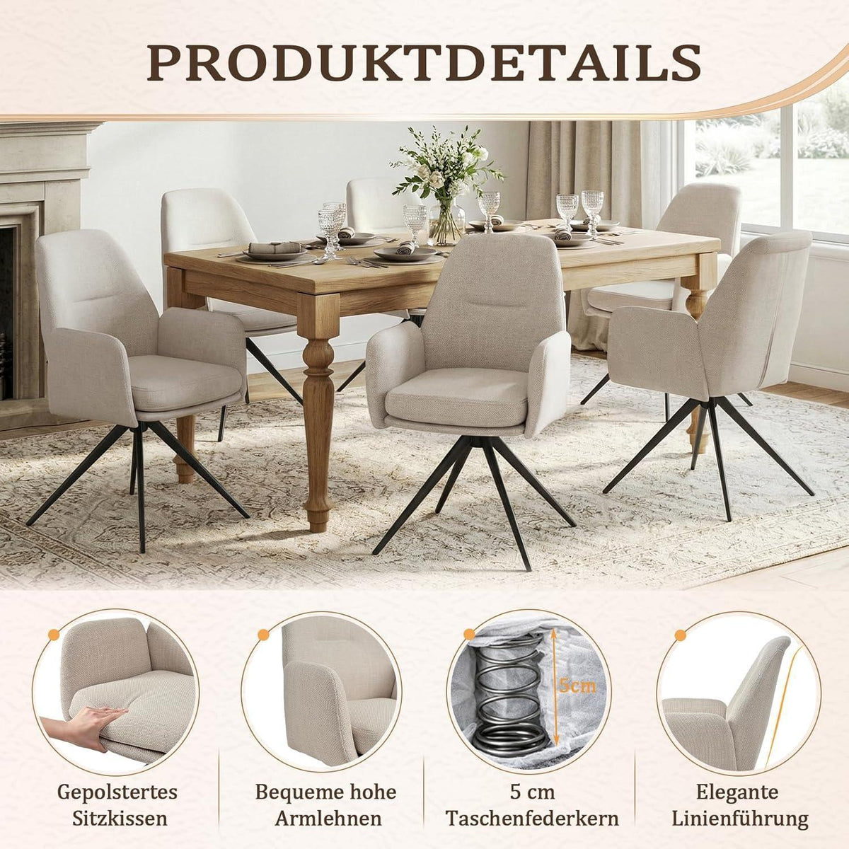 Drehbarer Esszimmerstuhl Set Beige – 6er Pack mit Armlehne