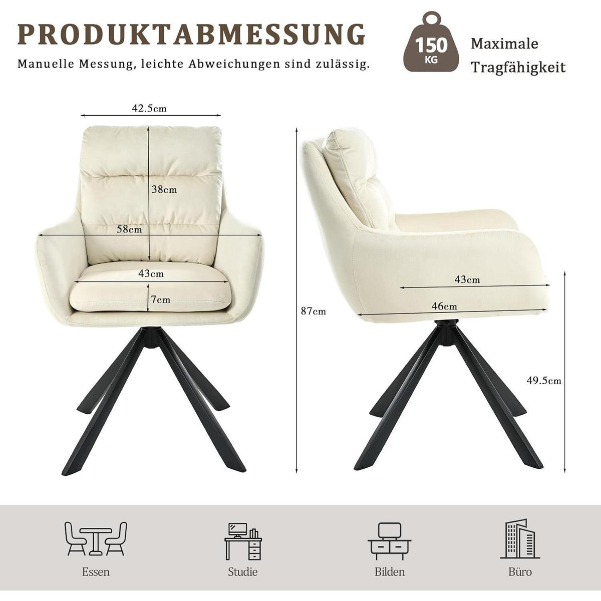 Drehbarer Esszimmerstuhl mit Armlehne – Cremeweiß