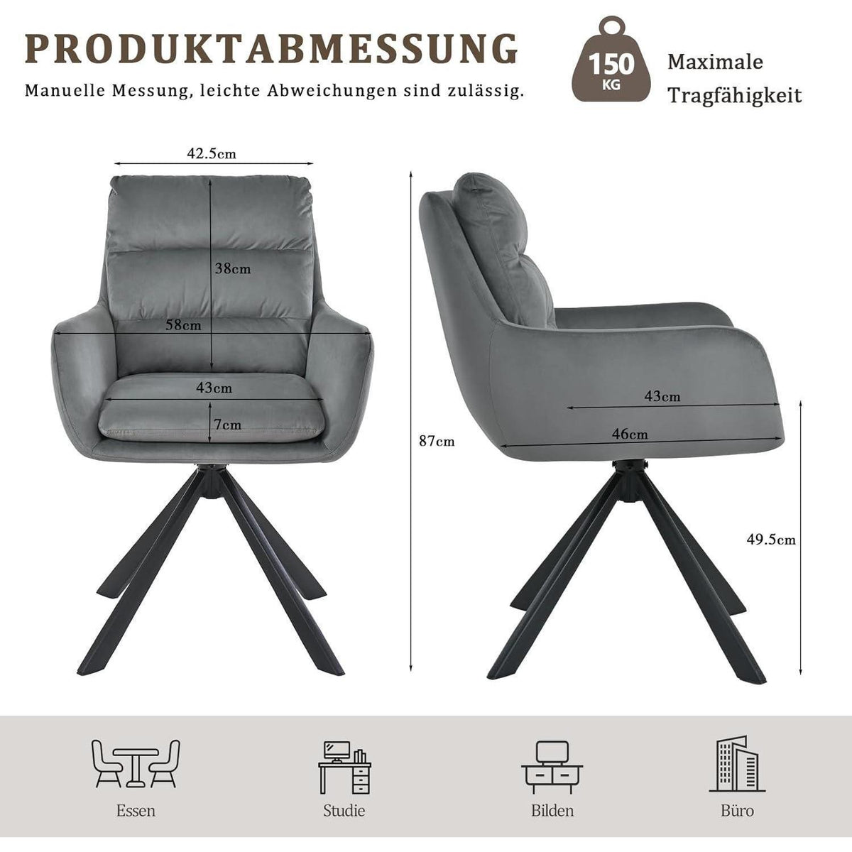 Drehbarer Esszimmerstuhl Set 2x – Hellgrau Samt, 360° Komfort