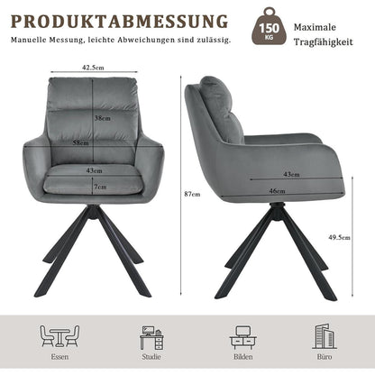 Drehbarer Esszimmerstuhl Set 2x – Hellgrau Samt, 360° Komfort