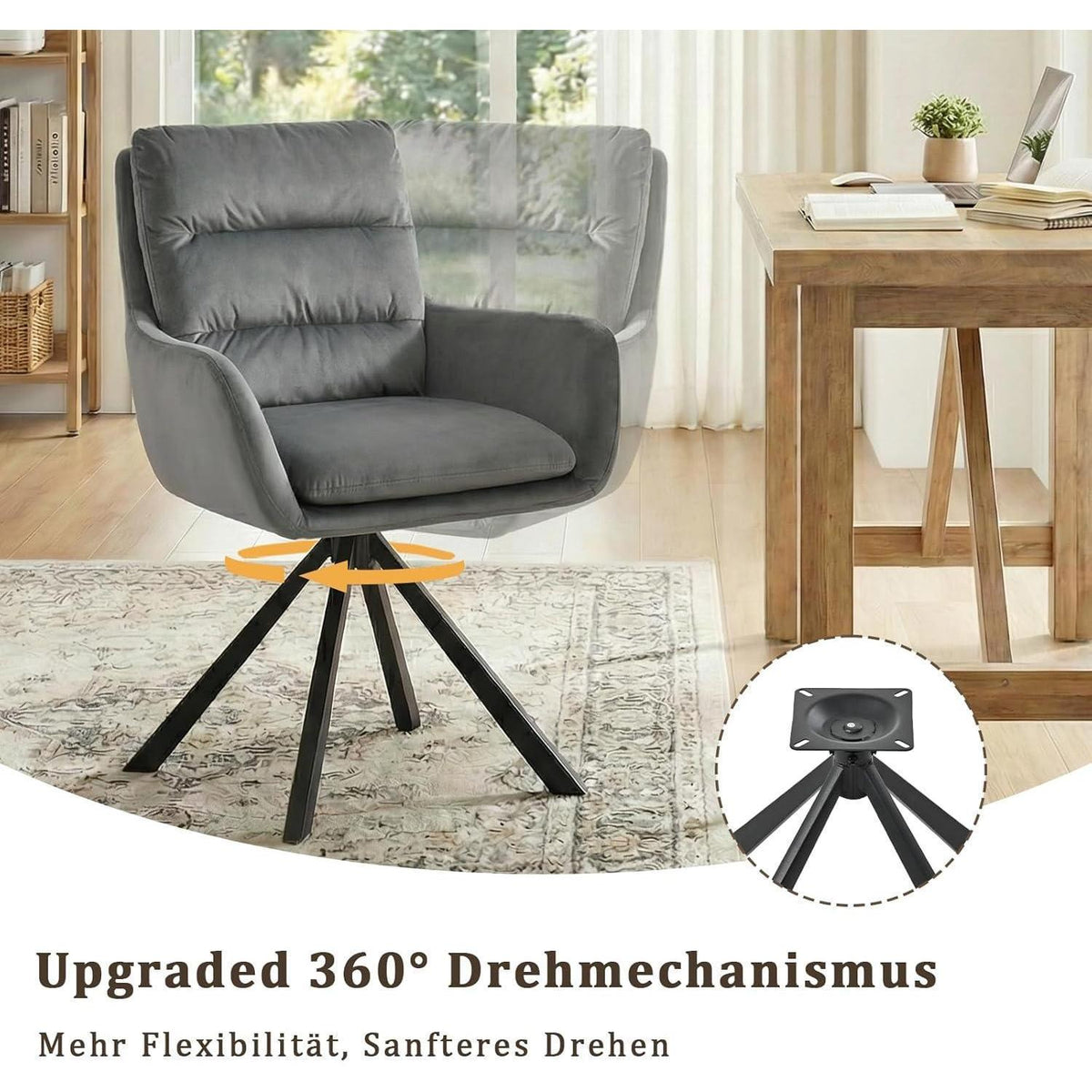 Drehbarer Esszimmerstuhl Set 2x – Hellgrau Samt, 360° Komfort