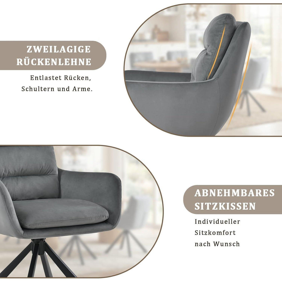Drehbarer Esszimmerstuhl Set 2x – Hellgrau Samt, 360° Komfort