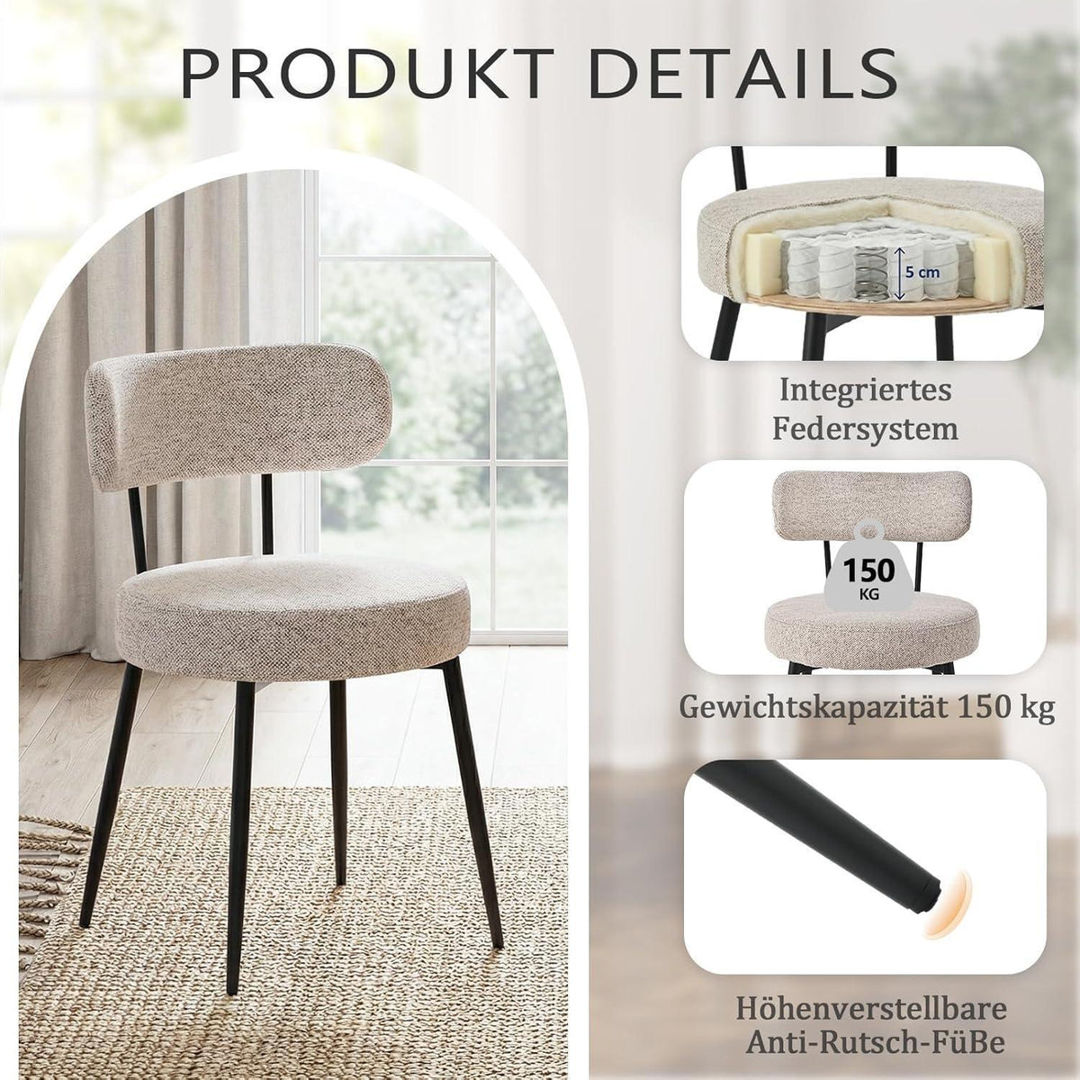Esszimmerstühle 4er Set Bouclé Braun – Gepolsterte Küchenstühle