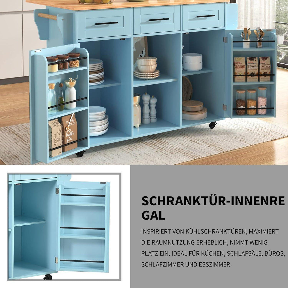 Küchenwagen mit Arbeitsplatte & Rollen – Blau