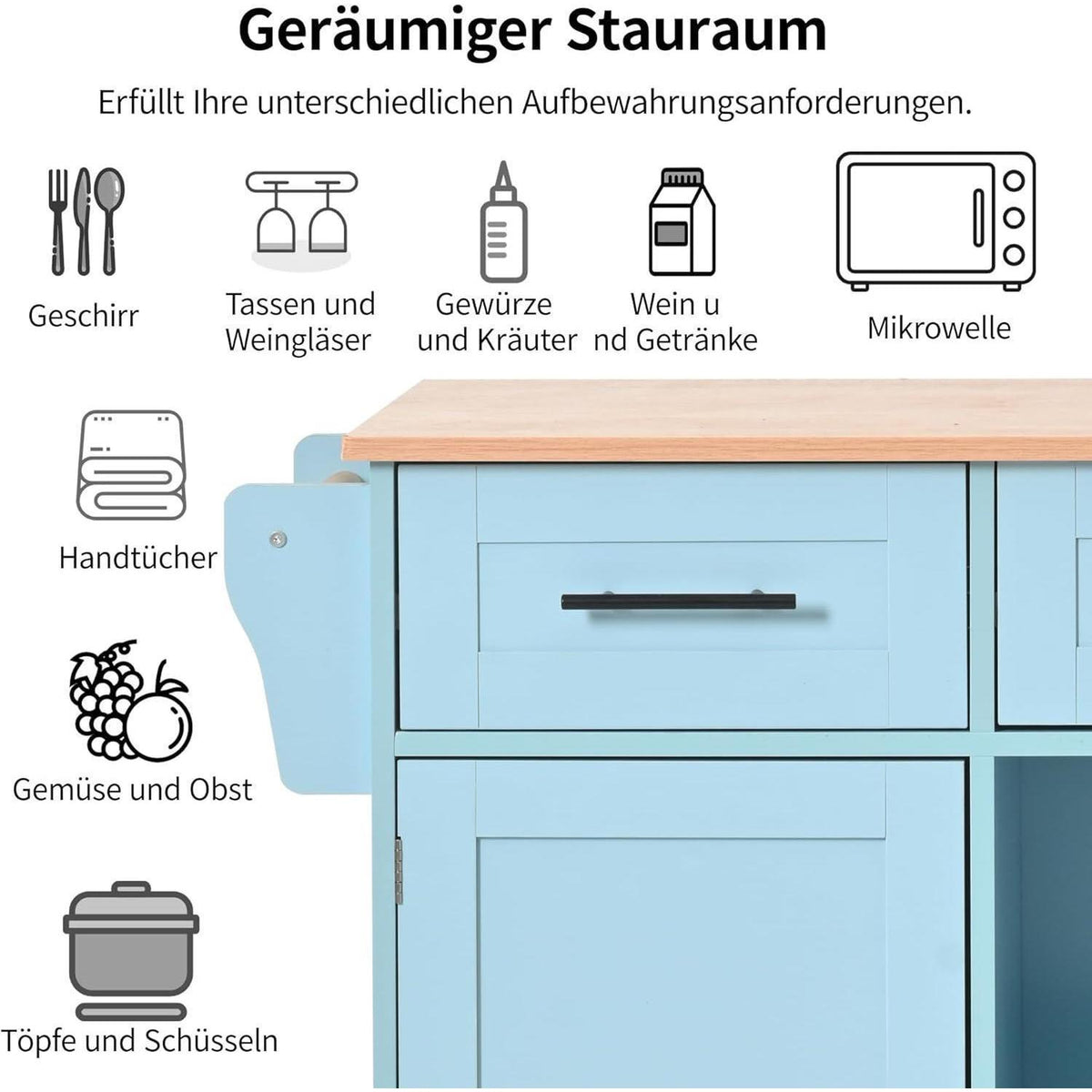Küchenwagen mit Arbeitsplatte & Rollen – Blau
