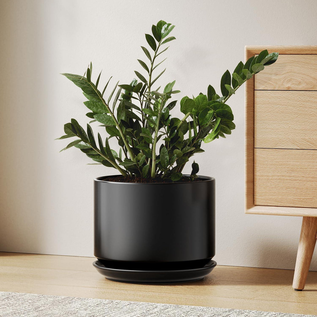 Keramik Blumentopf 25cm mit Untersetzer & Drainageloch, Schwarz