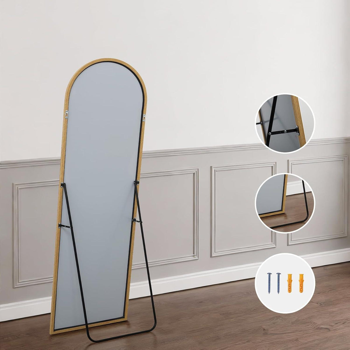 Bogenförmiger Ganzkörperspiegel mit Teakholzoptik – 161x52cm