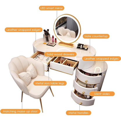 Massivholz Schminktisch Set mit Granitplatte & Spiegel Weiß 80cm