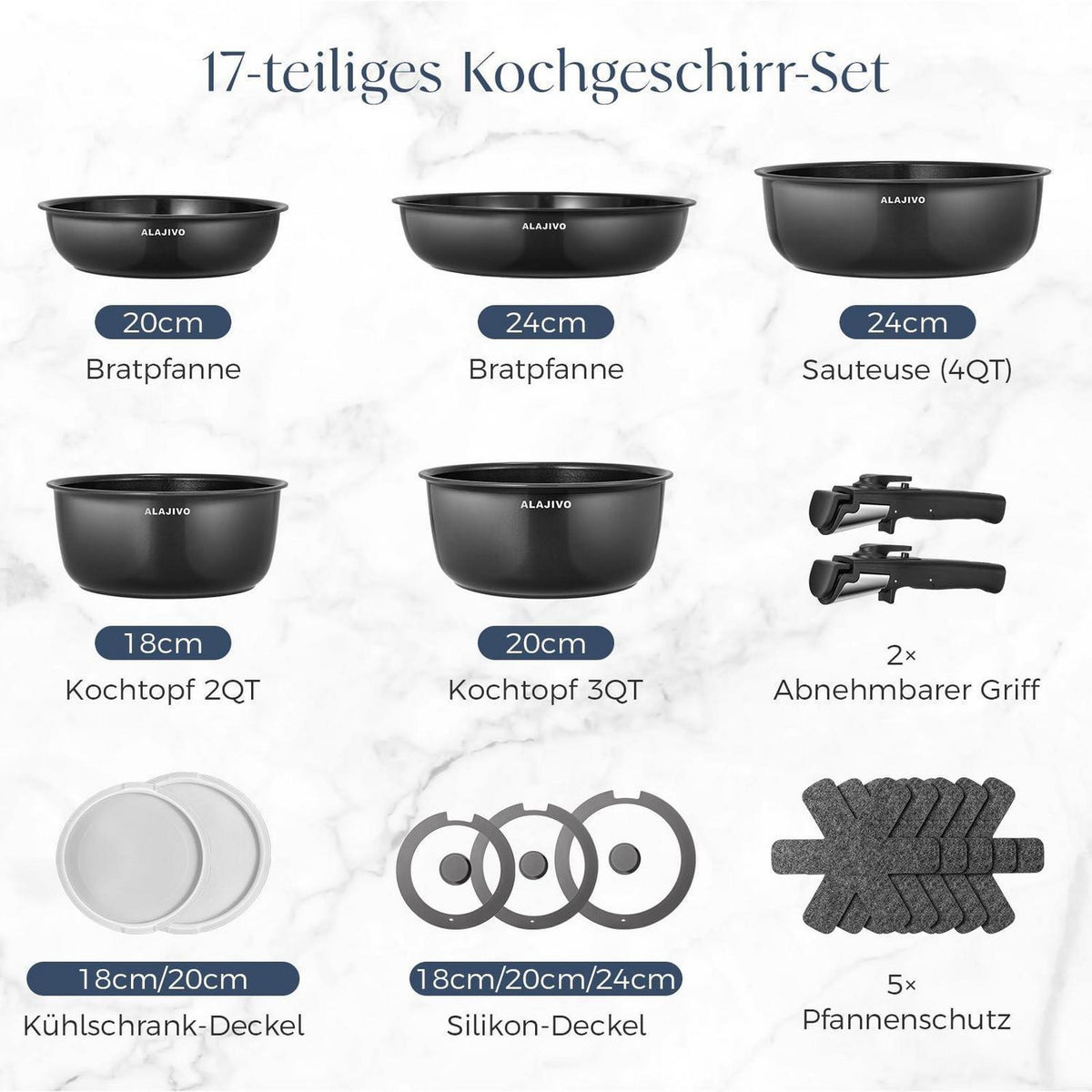 17-teiliges Topfset mit abnehmbarem Griff & Keramik-Antihaftbeschichtung