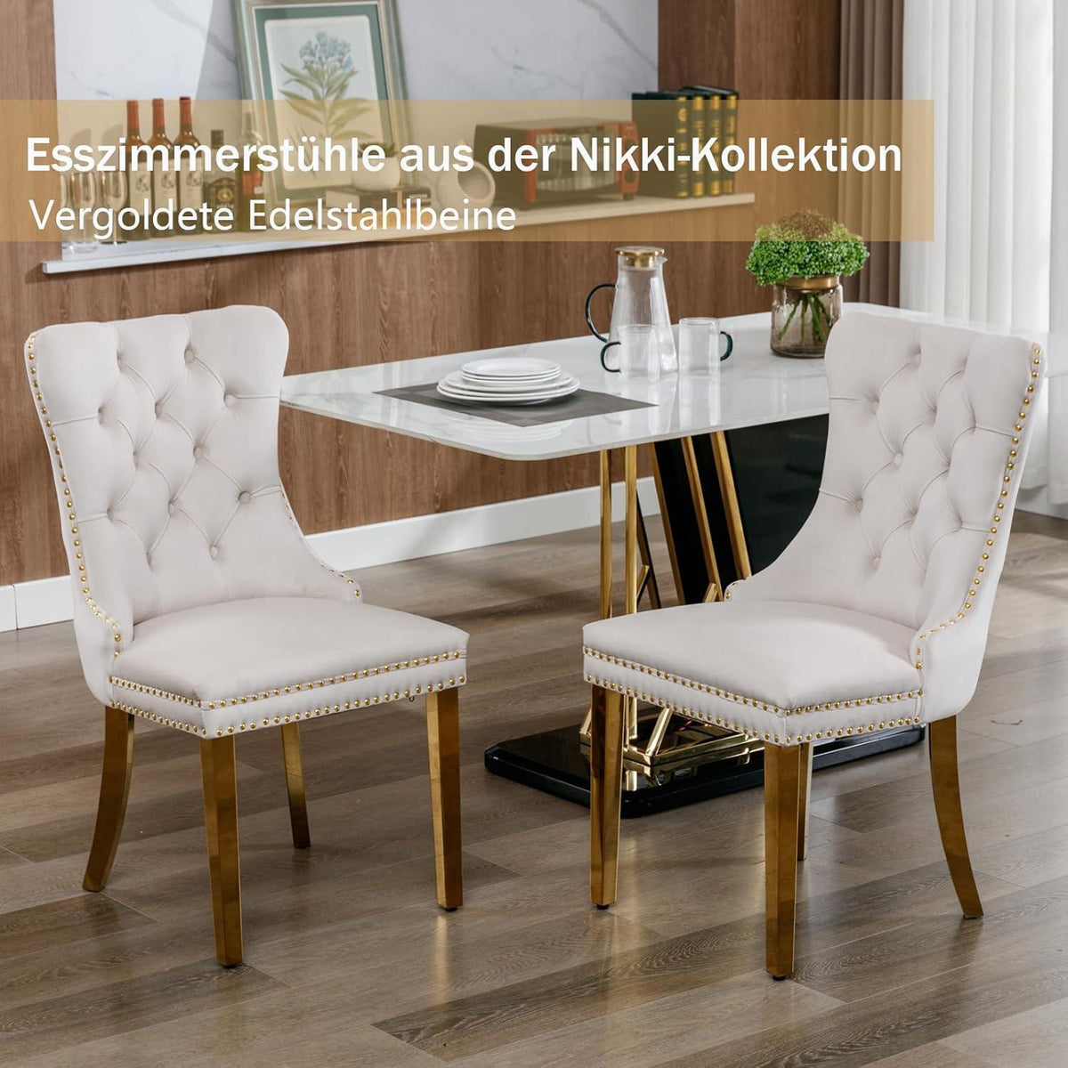 Samt Esszimmerstühle 6er Set mit goldenen Beinen