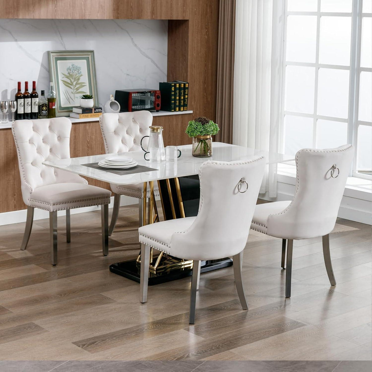Samt Esszimmerstühle 4er Set mit Edelstahlbeinen – Beige