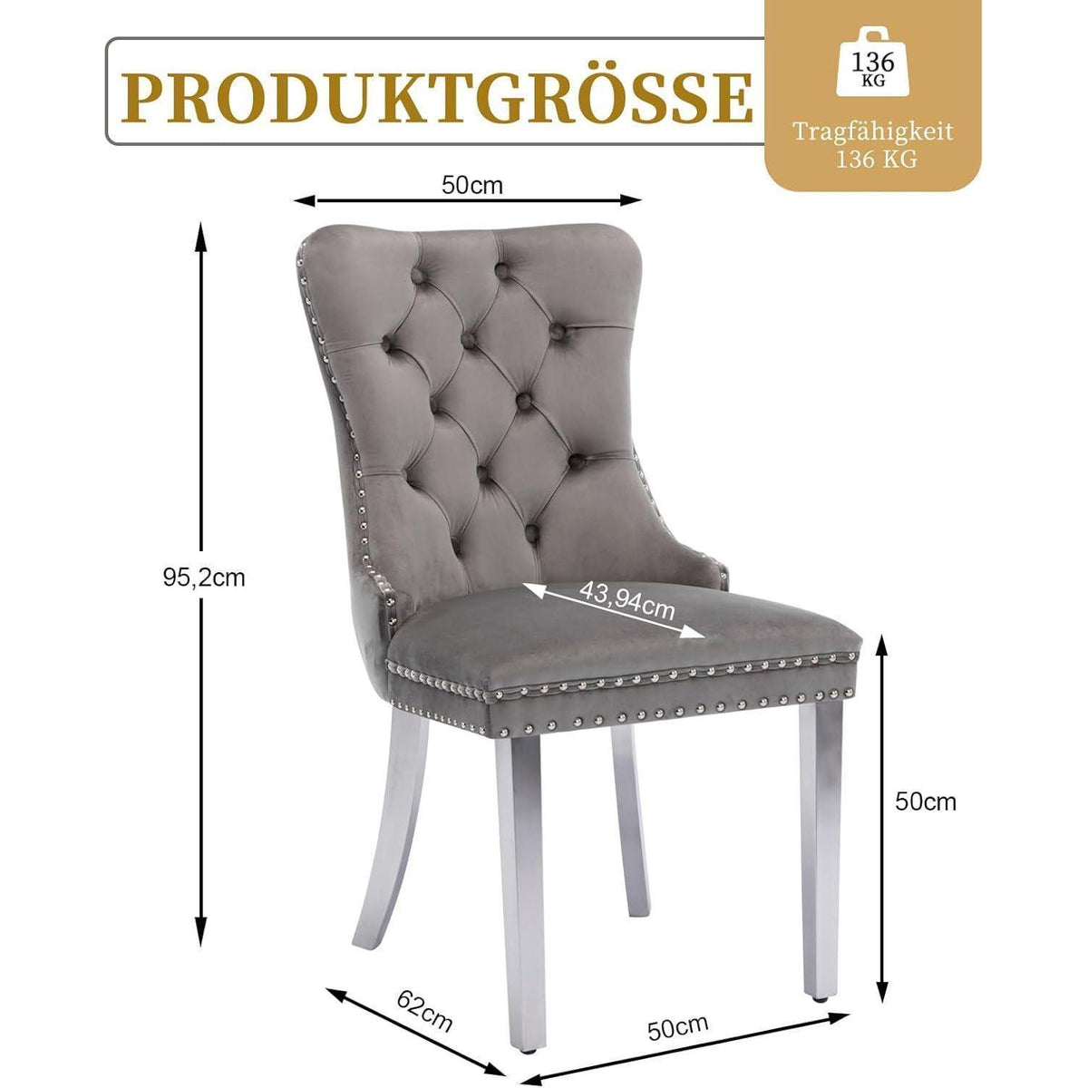 Samt Esszimmerstühle 6er Set mit Edelstahlbeinen Grau
