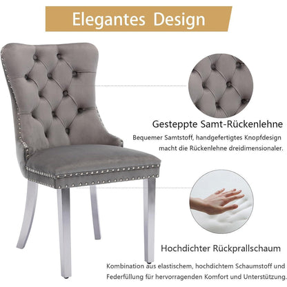 Samt Esszimmerstühle 6er Set mit Edelstahlbeinen Grau