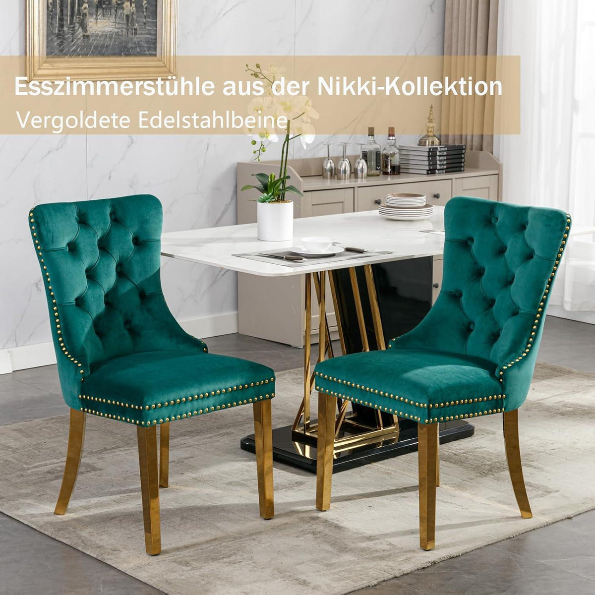 Samt Esszimmerstühle 6er Set mit goldenen Beinen
