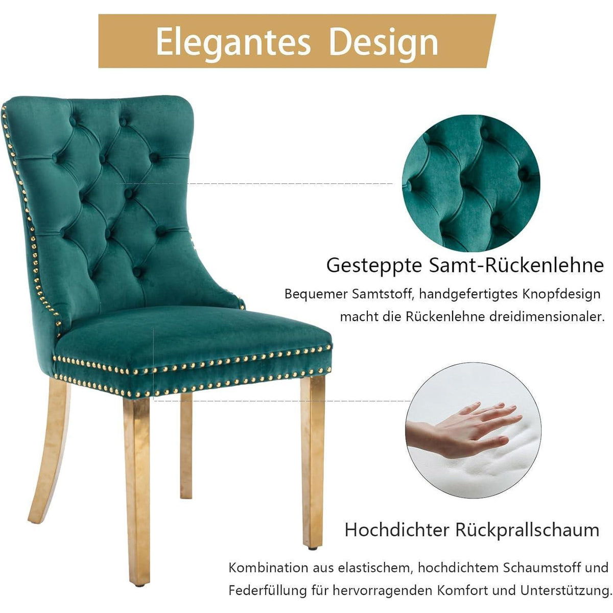 Samt Esszimmerstühle 6er Set mit goldenen Beinen