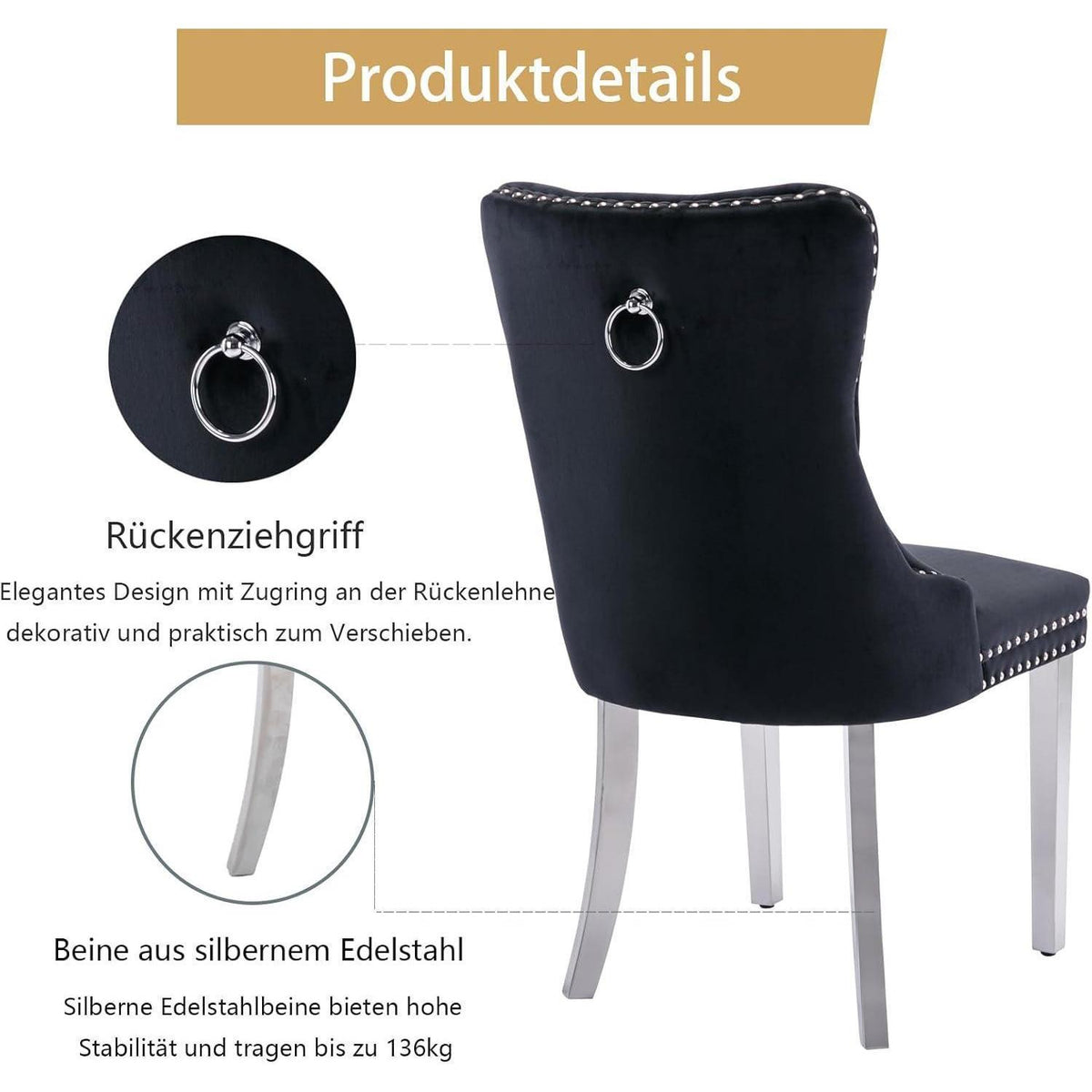 Samt Esszimmerstühle 6er Set mit Edelstahlbeinen Schwarz
