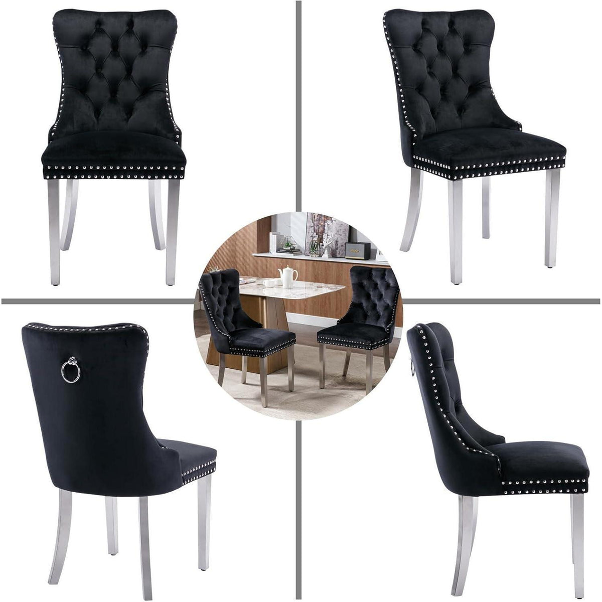 Samt Esszimmerstühle 6er Set mit Edelstahlbeinen Schwarz