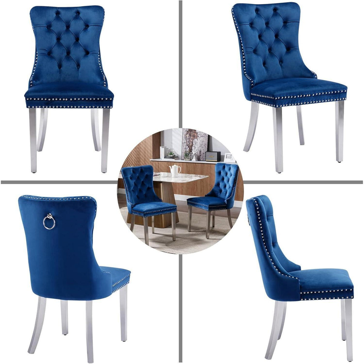 Samt Esszimmerstühle 6er Set mit Edelstahlbeinen (Blau)