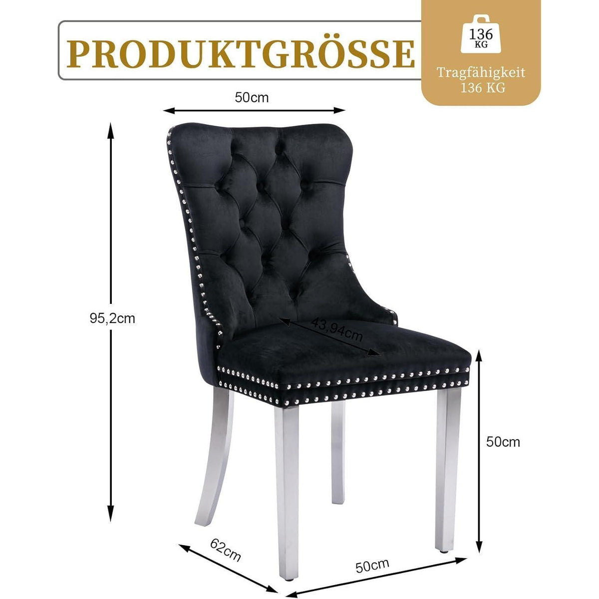 Samt Esszimmerstühle 2er Set mit Edelstahlbeinen Schwarz