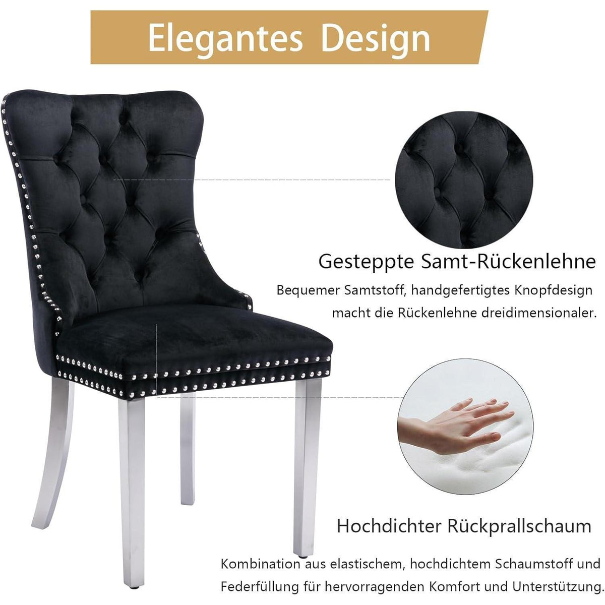 Samt Esszimmerstühle 2er Set mit Edelstahlbeinen Schwarz