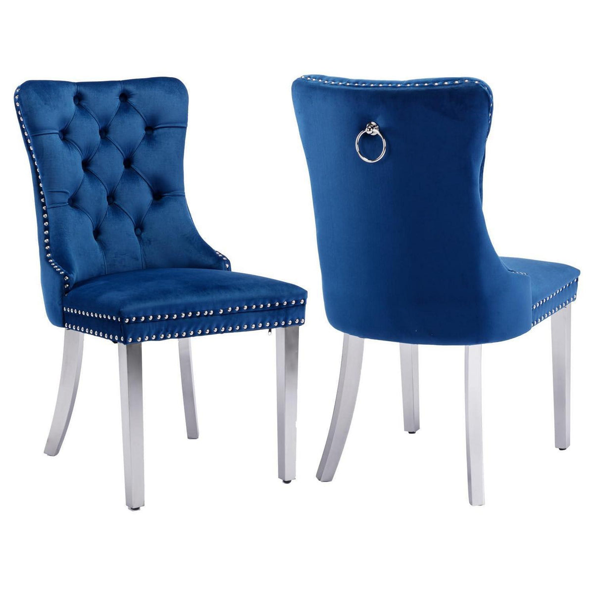 Samt Esszimmerstühle 2er Set mit Edelstahlbeinen (Blau)
