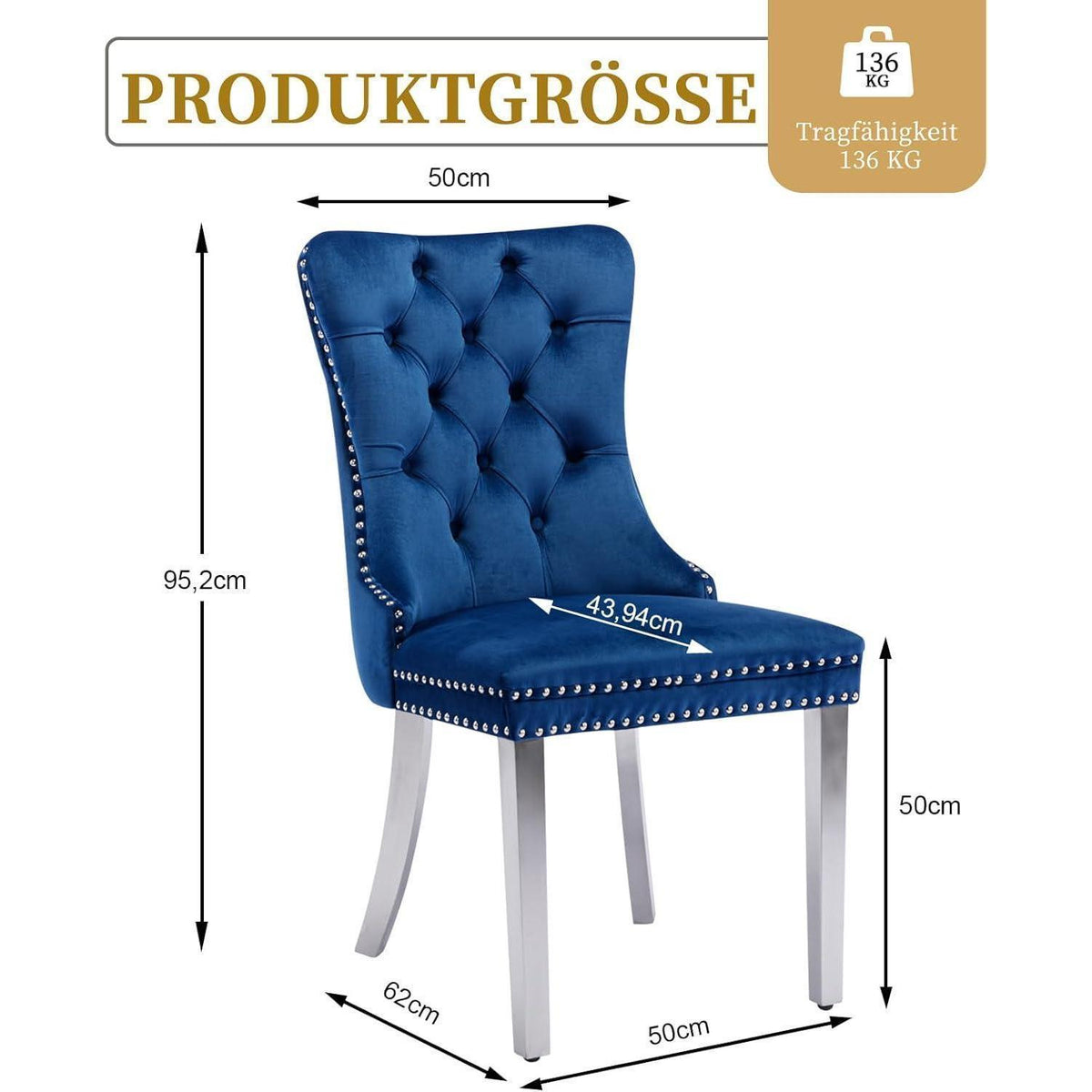 Samt Esszimmerstühle 2er Set mit Edelstahlbeinen (Blau)