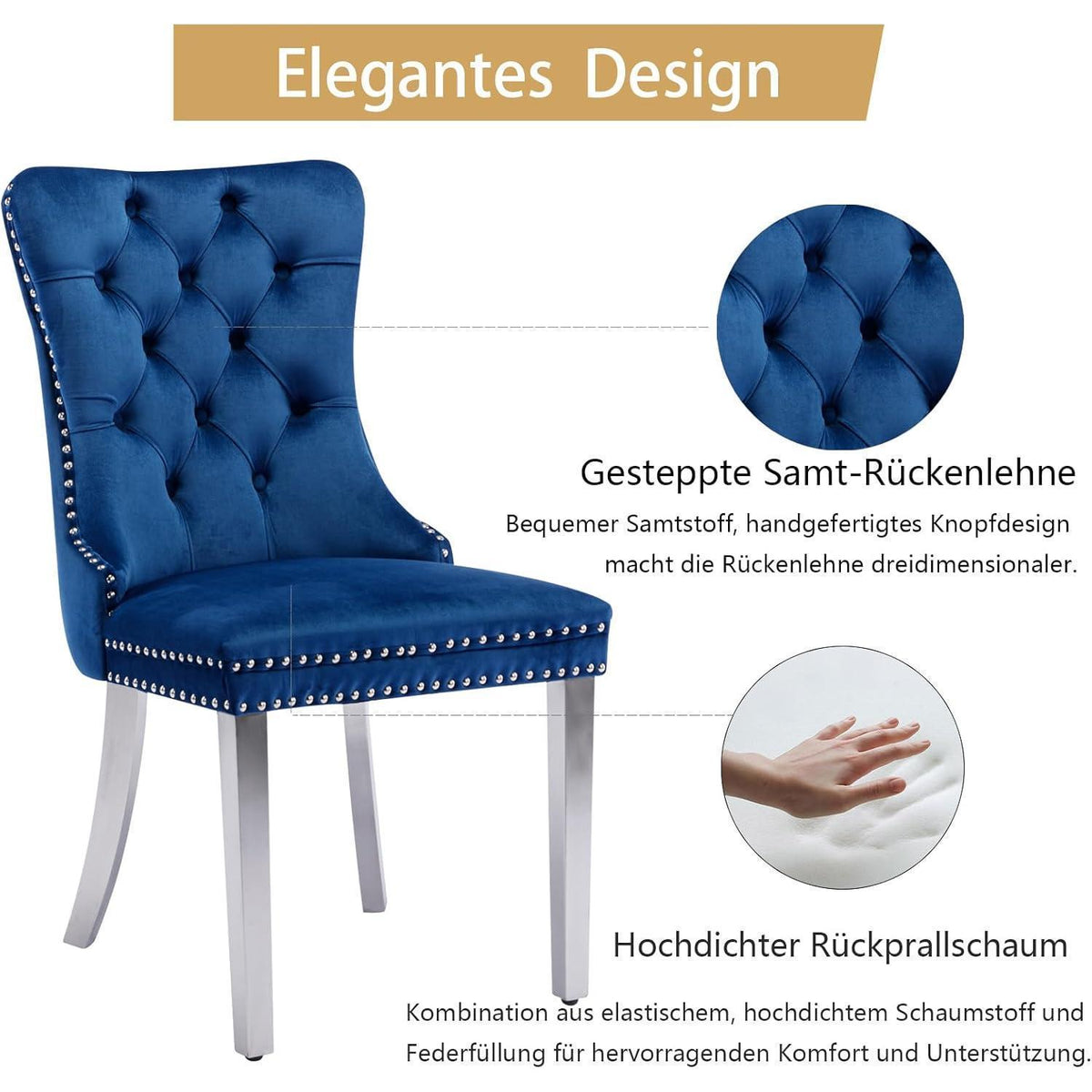 Samt Esszimmerstühle 2er Set mit Edelstahlbeinen (Blau)