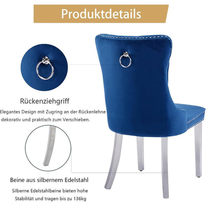 Samt Esszimmerstühle 2er Set mit Edelstahlbeinen (Blau)