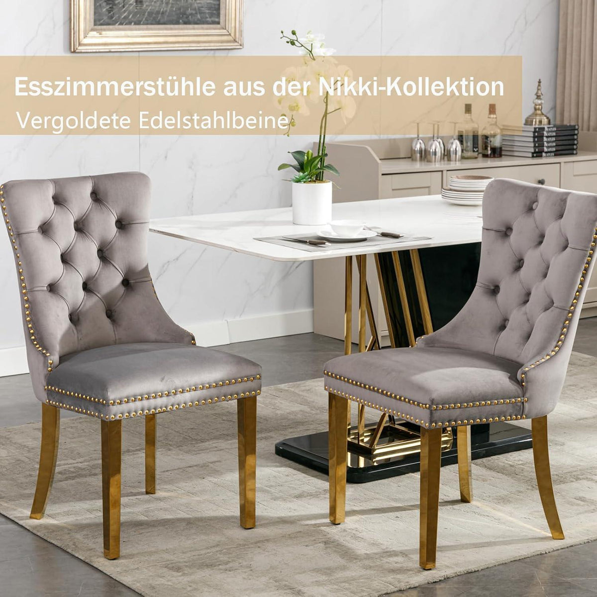 Samt Esszimmerstühle 6er Set mit goldenen Beinen