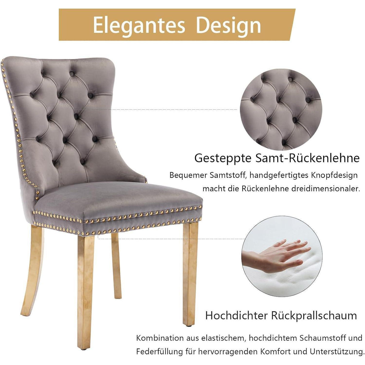 Samt Esszimmerstühle 6er Set mit goldenen Beinen