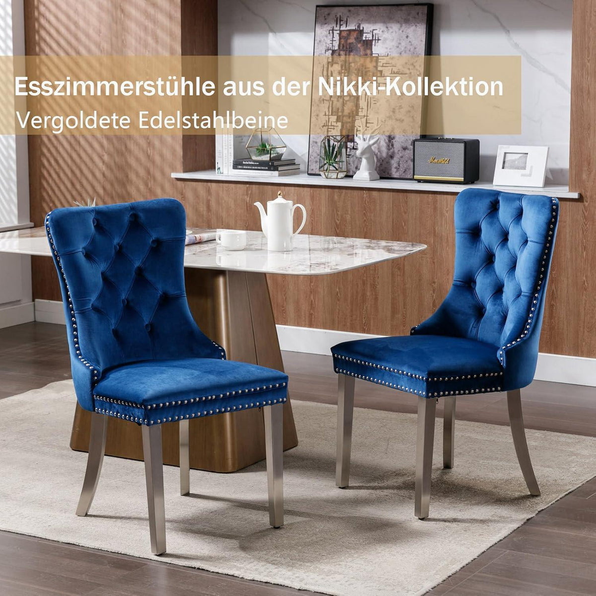 Samt Esszimmerstühle 4er Set mit Edelstahlbeinen (Blau)