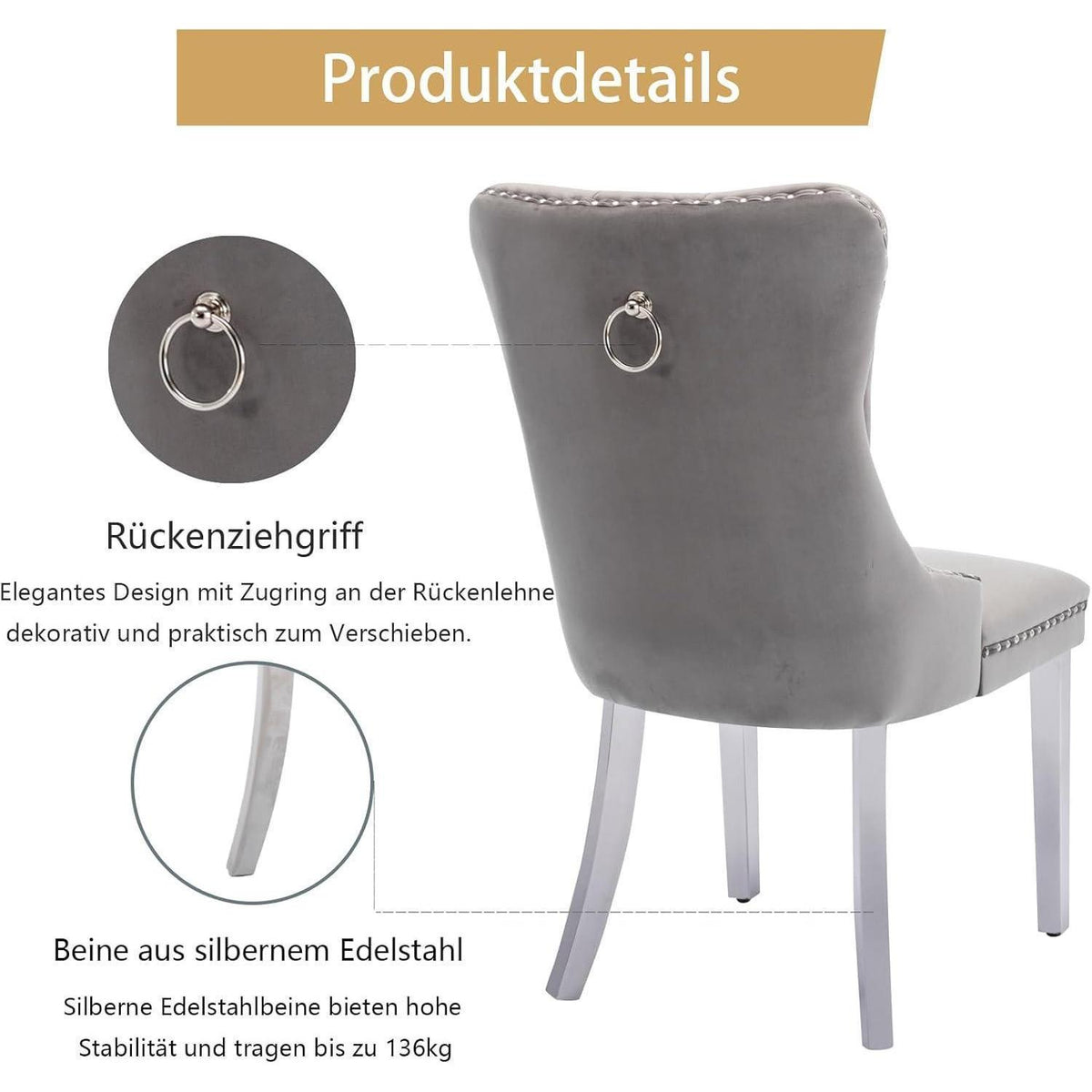 Samt Esszimmerstühle 4er Set mit Edelstahlbeinen (Grau)
