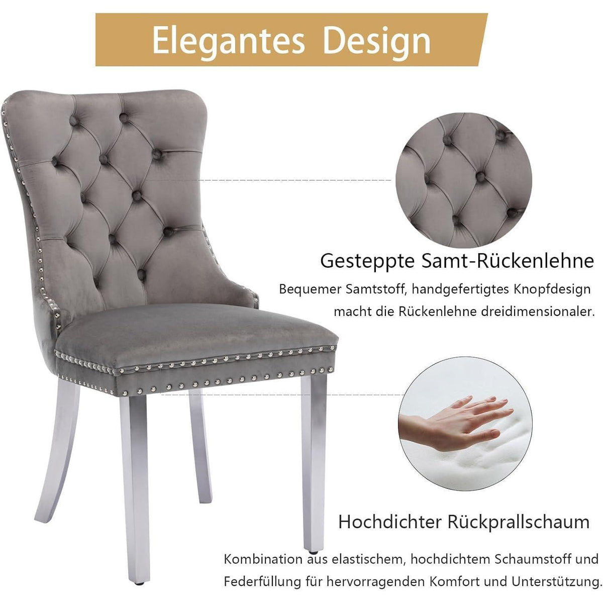Gepolsterte Esszimmerstühle 2er-Set Grau mit Edelstahlbeinen