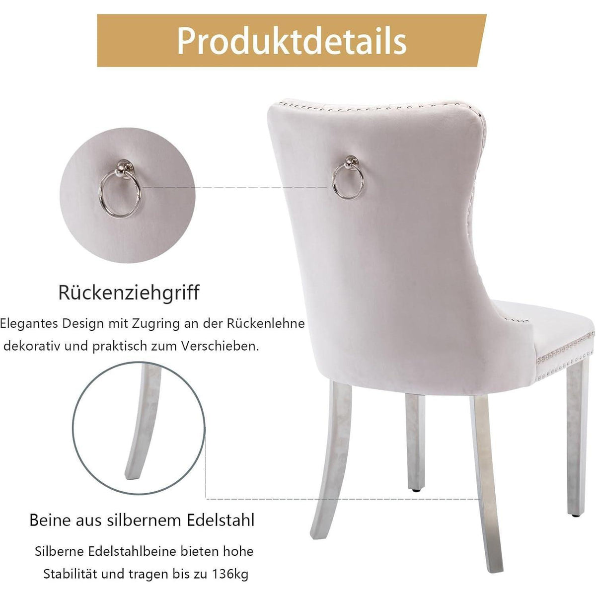 Gepolsterte Esszimmerstühle 2er-Set, Beige mit Edelstahlbeinen