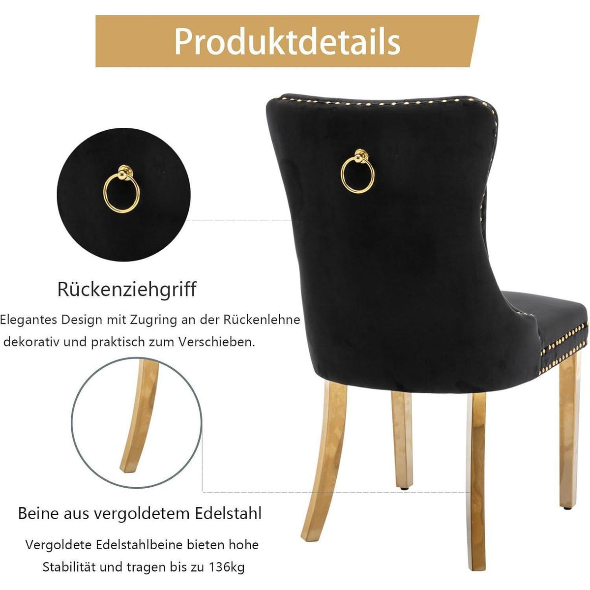 Samt Esszimmerstühle 6er Set mit goldenen Beinen