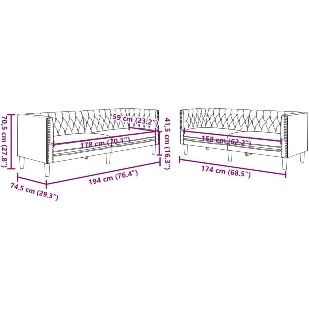Chesterfield Sofa 2-Sitzer & 3-Sitzer Schwarz Kunstleder